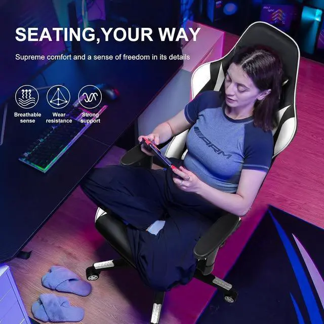Alt view image 4 of 7 - Gaming Chair with Footrest, Ergonomic Computer Game Desk Chair, Reclining Game Chair Seat Height Adjustment, Swivel Rocker with Headrest and Lumbar (White)