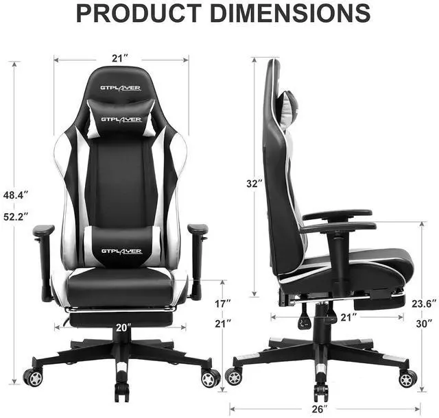 Alt view image 3 of 7 - Gaming Chair with Footrest, Ergonomic Computer Game Desk Chair, Reclining Game Chair Seat Height Adjustment, Swivel Rocker with Headrest and Lumbar (White)