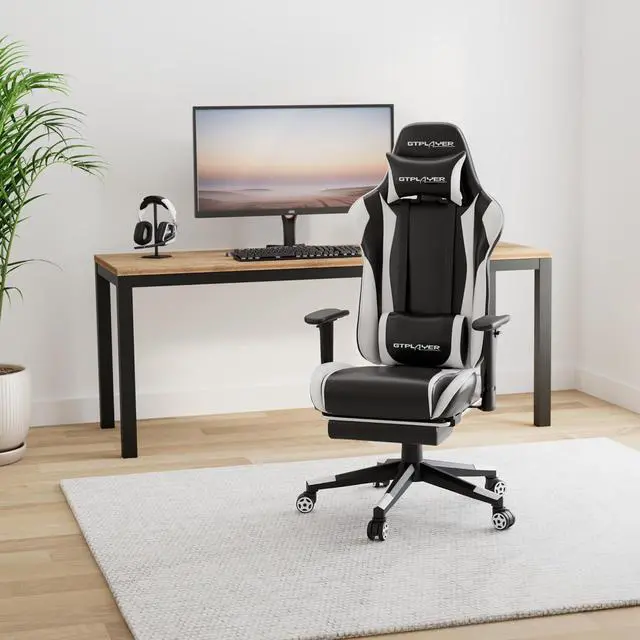 Alt view image 2 of 7 - Gaming Chair with Footrest, Ergonomic Computer Game Desk Chair, Reclining Game Chair Seat Height Adjustment, Swivel Rocker with Headrest and Lumbar (White)