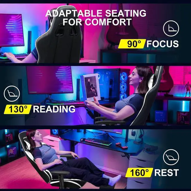Alt view image 5 of 7 - Gaming Chair with Footrest, Ergonomic Computer Game Desk Chair, Reclining Game Chair Seat Height Adjustment, Swivel Rocker with Headrest and Lumbar (White)
