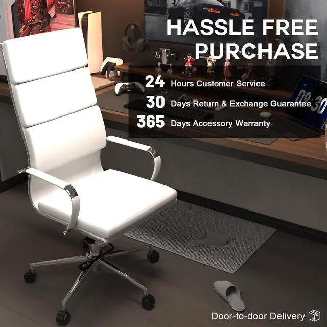 Alt view image 6 of 7 - Modern White High Back Ergonomic Office Chair with Lumbar Support, Adjustable Height, Bonded Leather, Wheels