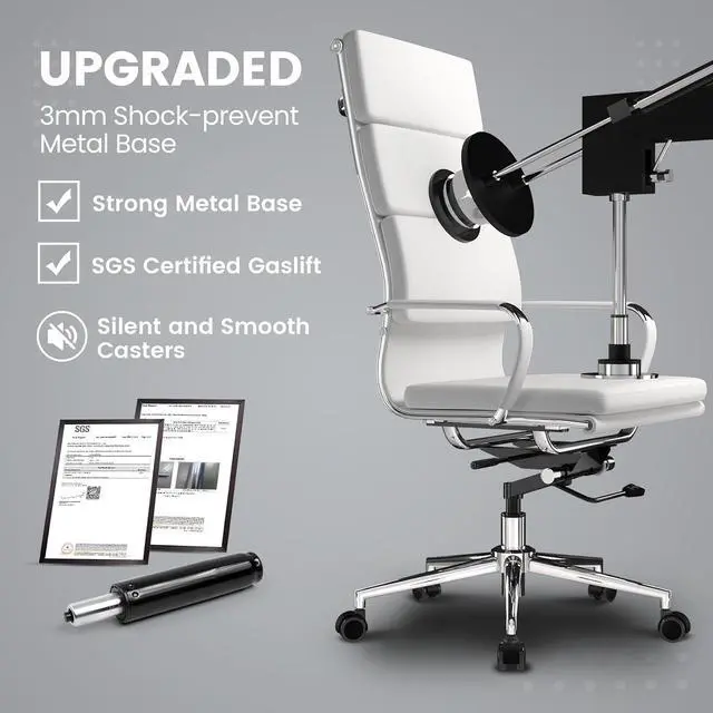 Alt view image 7 of 7 - Modern White High Back Ergonomic Office Chair with Lumbar Support, Adjustable Height, Bonded Leather, Wheels