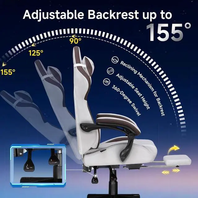 Alt view image 4 of 7 - Gaming Chair, Video Game Chairs with Footrest and Lumbar Support, Computer Chair for Adults with Extended Backrest, Ergonomic Reclining Silla Gamer, Fabric, Brown