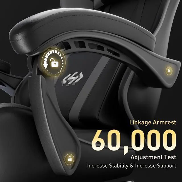Alt view image 4 of 7 - Gaming Chair, Ergonomic Computer Office Chair with Lumbar Support Footrest Headrest, Adjustable Height & Backrest Angle Video Gamer Chair, PU Leather, 360° Swivel, Adult (Black&Grey)
