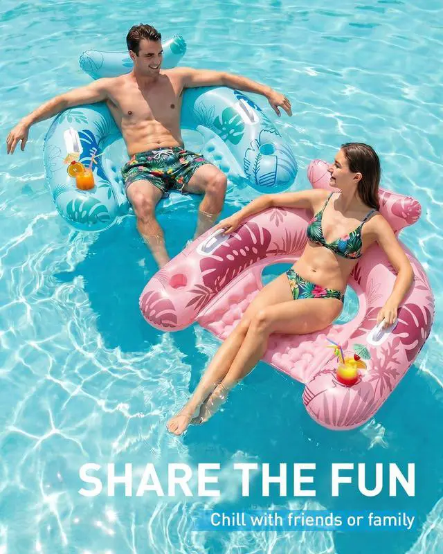 Alt view image 3 of 7 - Inflatable Pool Floats Adult, Floating Pool Chair with Cup Holders for Swimming Pool, Water Chair Pool Lounger with Handles & Ergonomic Headrest for Party Summer Water Fun