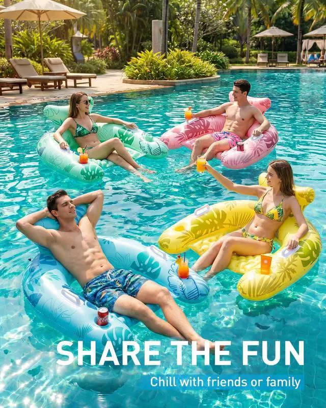 Alt view image 3 of 7 - Inflatable Pool Floats Adult, Floating Pool Chair with Cup Holders for Swimming Pool, Water Chair Pool Lounger with Handles & Ergonomic Headrest for Party Summer Water Fun