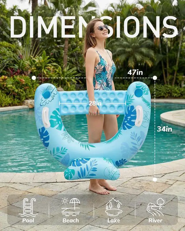 Alt view image 2 of 7 - Inflatable Pool Floats Adult, Floating Pool Chair with Cup Holders for Swimming Pool, Water Chair Pool Lounger with Handles & Ergonomic Headrest for Party Summer Water Fun