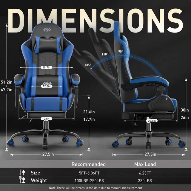 Alt view image 3 of 7 - Gaming Chair, Ergonomic Video Game Seat with 360° Swivel & Lumbar Massage, Computer Chair PU Leather Cushion for Adults Home/Office Use (Black & Blue)
