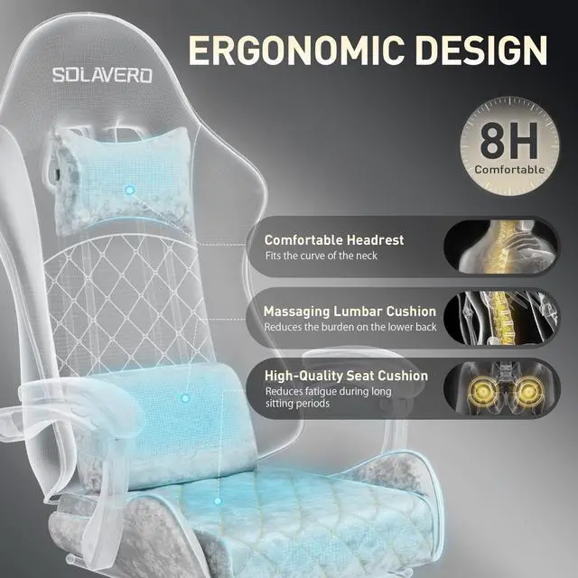 Alt view image 7 of 7 - Massage Recliner Gaming Chair with Footrest for Adults Silver-Grey | 300lbs Capacity, Ergonomic Office Computer Chair, Lumbar Support, Breathable Fabric, Headrest, 360° Swivel, Metal Frame