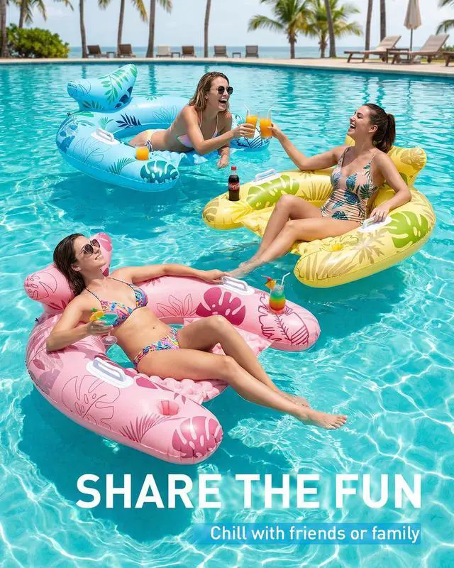 Alt view image 3 of 7 - Inflatable Pool Floats Adult, Floating Pool Chair with Cup Holders for Swimming Pool, Water Chair Pool Lounger with Handles & Ergonomic Headrest for Party Summer Water Fun