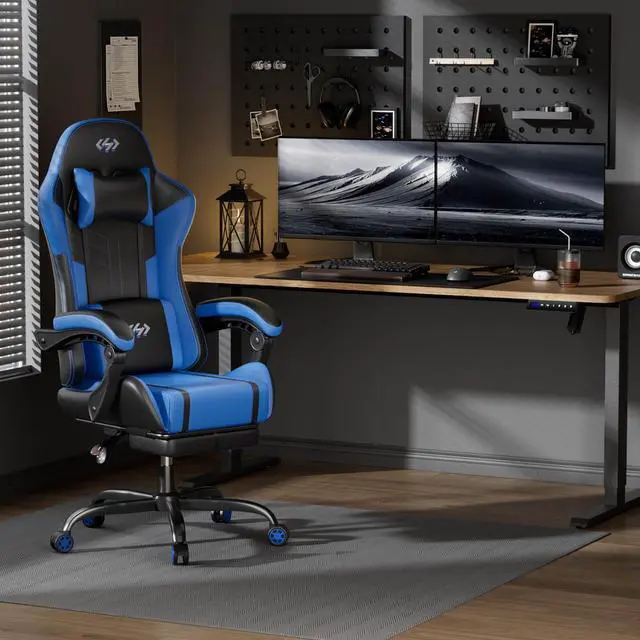 Alt view image 2 of 7 - Gaming Chair, Ergonomic Video Game Seat with 360° Swivel & Lumbar Massage, Computer Chair PU Leather Cushion for Adults Home/Office Use (Black & Blue)