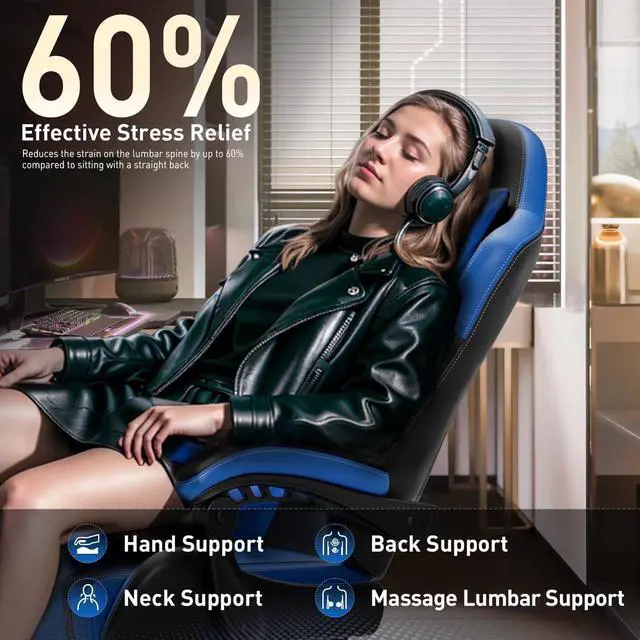 Alt view image 7 of 7 - Gaming Chair, Ergonomic Video Game Seat with 360° Swivel & Lumbar Massage, Computer Chair PU Leather Cushion for Adults Home/Office Use (Black & Blue)