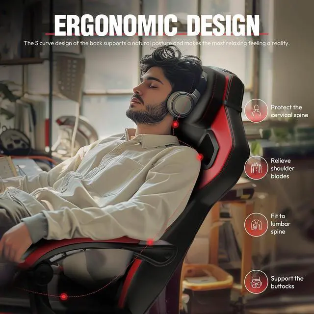 Alt view image 5 of 6 - Gaming Chair with Footrest, Big and Tall Gaming Chair for Heavy People, Gamer Chair for Adult with Massage, Ergonomic Gaming Chair with headrest, Computer Game Chair for 200lbs, Red