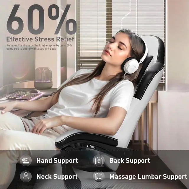 Alt view image 7 of 7 - Gaming Chair, Ergonomic Video Game Seat with 360° Swivel & Lumbar Massage, Computer Chair PU Leather Cushion for Adults Home/Office Use (Black & White)