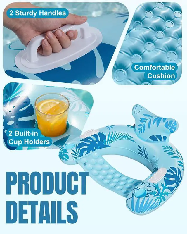 Alt view image 6 of 7 - Inflatable Pool Floats Adult, Floating Pool Chair with Cup Holders for Swimming Pool, Water Chair Pool Lounger with Handles & Ergonomic Headrest for Party Summer Water Fun