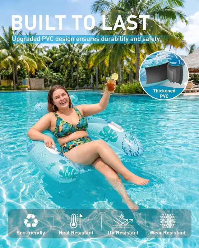Alt view image 5 of 7 - Inflatable Pool Floats Adult, Floating Pool Chair with Cup Holders for Swimming Pool, Water Chair Pool Lounger with Handles & Ergonomic Headrest for Party Summer Water Fun