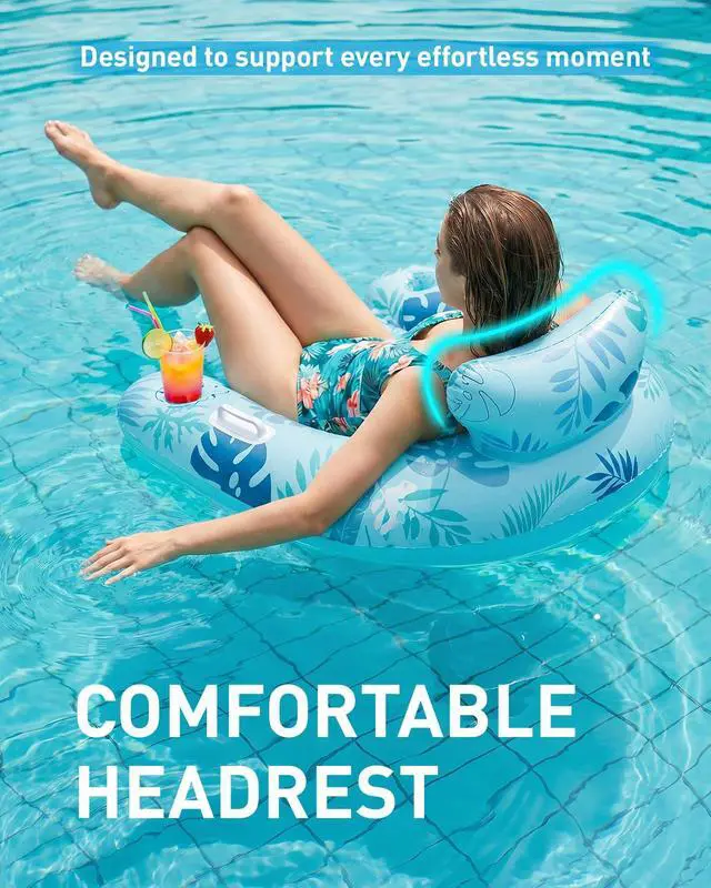 Alt view image 4 of 7 - Inflatable Pool Floats Adult, Floating Pool Chair with Cup Holders for Swimming Pool, Water Chair Pool Lounger with Handles & Ergonomic Headrest for Party Summer Water Fun