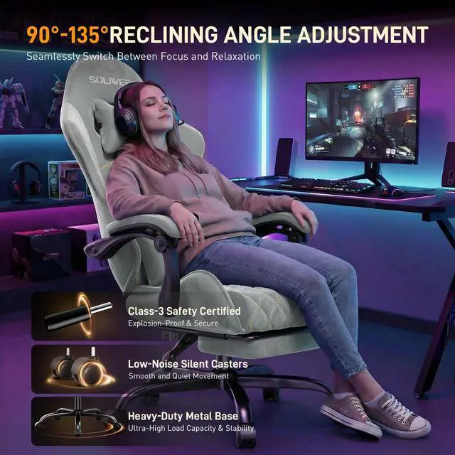 Alt view image 4 of 7 - Massage Recliner Gaming Chair with Footrest for Adults, Blue | 300lbs Capacity, Ergonomic Office Computer Chair, Lumbar Support, Breathable Fabric, Headrest, 360° Swivel, Metal Frame