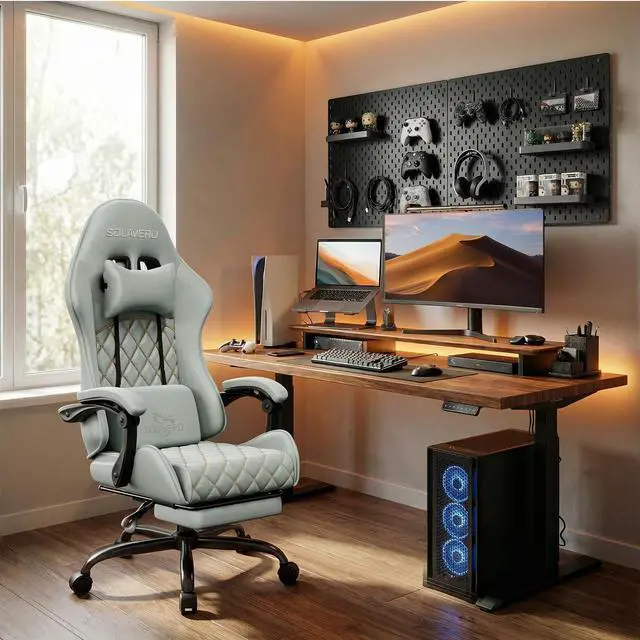 Alt view image 2 of 7 - Massage Recliner Gaming Chair with Footrest for Adults, Blue | 300lbs Capacity, Ergonomic Office Computer Chair, Lumbar Support, Breathable Fabric, Headrest, 360° Swivel, Metal Frame
