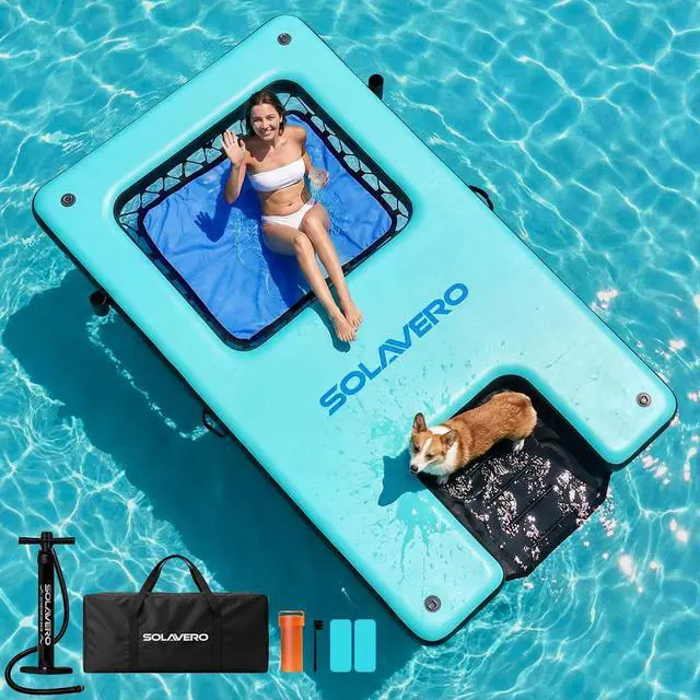 Main image of 10x6ft Inflatable Floating Dock with Water Ramp, Heavy Duty Floating Platform for Adults & Dogs, Non-Slip Lake Float with Mesh Hammock, Cup Holders for Pool, Lake, Boat, Party