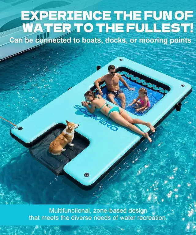 Alt view image 2 of 7 - 10x6ft Inflatable Floating Dock with Water Ramp, Heavy Duty Floating Platform for Adults & Dogs, Non-Slip Lake Float with Mesh Hammock, Cup Holders for Pool, Lake, Boat, Party
