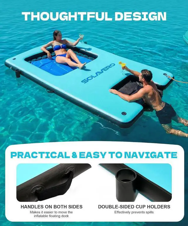Alt view image 4 of 7 - 10x6ft Inflatable Floating Dock with Water Ramp, Heavy Duty Floating Platform for Adults & Dogs, Non-Slip Lake Float with Mesh Hammock, Cup Holders for Pool, Lake, Boat, Party