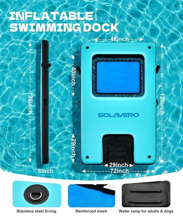 Alt view image 3 of 7 - 10x6ft Inflatable Floating Dock with Water Ramp, Heavy Duty Floating Platform for Adults & Dogs, Non-Slip Lake Float with Mesh Hammock, Cup Holders for Pool, Lake, Boat, Party