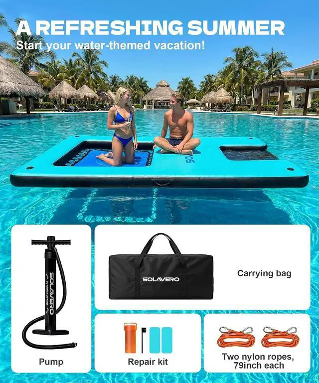 Alt view image 7 of 7 - 10x6ft Inflatable Floating Dock with Water Ramp, Heavy Duty Floating Platform for Adults & Dogs, Non-Slip Lake Float with Mesh Hammock, Cup Holders for Pool, Lake, Boat, Party