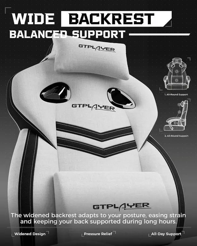 Alt view image 4 of 7 - Gaming Chairs for Adult - Ergonomic Big & Tall Gaming Seat with Footrest & Lumbar Support, Comfortable Office Chair 90-155° Reclining - Heavy Duty Wide Computer Seat, White Grey