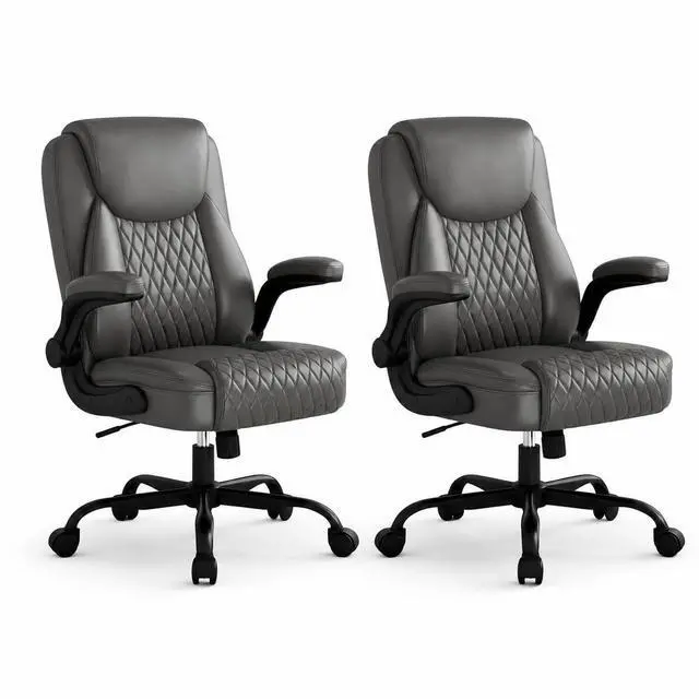 Main image of Gray Office Desk Chair with 90° Flip-up Arm, 2 Pack | Leather Chair for Home, Ergonomic Design Office Chair, Computer Desk Chair for Gaming, Adjustable Height