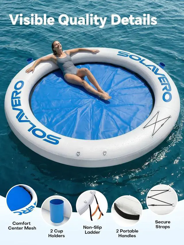Alt view image 5 of 6 - Floating Water Hammock 8FT Inflatable Pool Lounge | Heavy Duty Round Raft with Cup Holder for Lake Ocean, Durable Floating Platform for Swimming Parties
