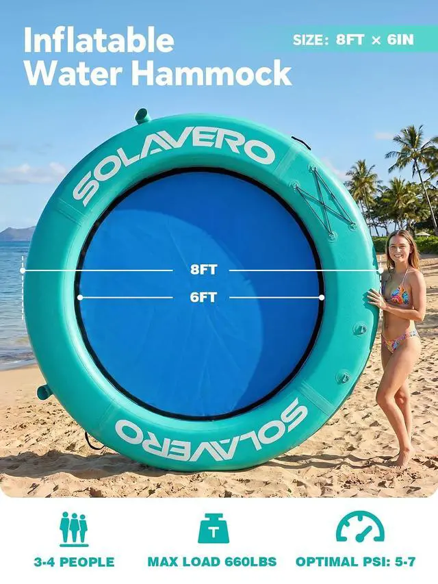 Alt view image 3 of 7 - Floating Water Hammock 8FT Inflatable Pool Lounge | Heavy Duty Round Raft with Cup Holder for Lake Ocean, Durable Floating Platform for Swimming Parties