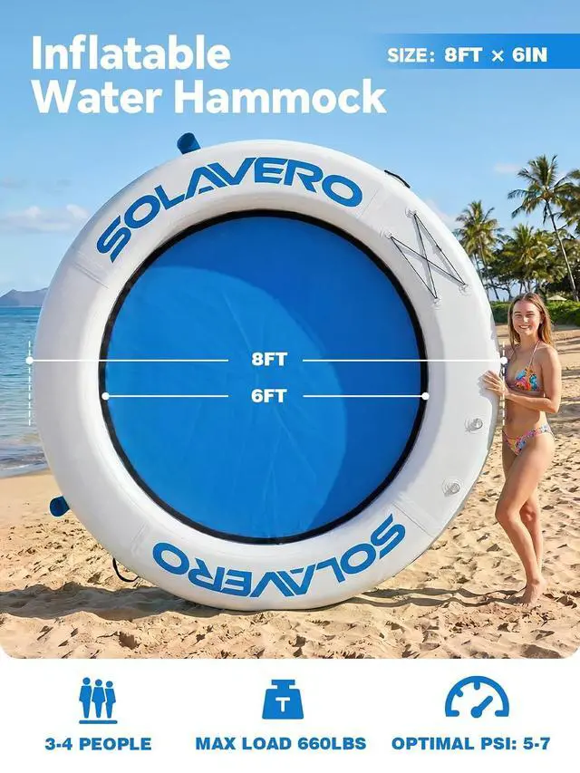 Alt view image 3 of 6 - Floating Water Hammock 8FT Inflatable Pool Lounge | Heavy Duty Round Raft with Cup Holder for Lake Ocean, Durable Floating Platform for Swimming Parties