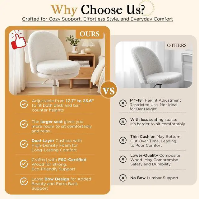 Alt view image 4 of 7 - Vanity Chair with Wheels Velvet Tall Office Chair with Back,Armless Desk Chair Comfy Height Adjustable, Soft Lumbar Support for Girls Bedroom Home Vanity Bow Pillow for Gift,White