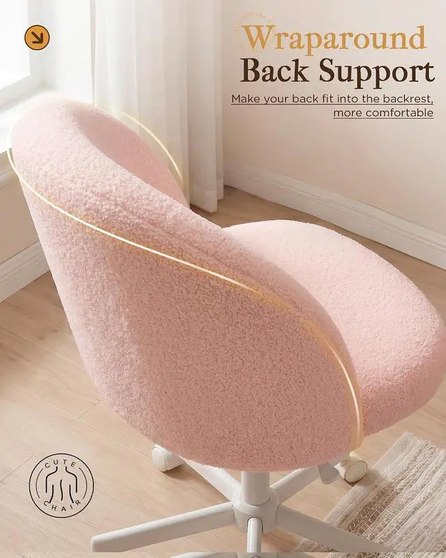 Alt view image 5 of 7 - Vanity Chair with Wheels Velvet Tall Office Chair with Back,Armless Desk Chair Comfy Height Adjustable, Soft Lumbar Support for Girls Bedroom Home Vanity Bow Pillow for Gift Pink
