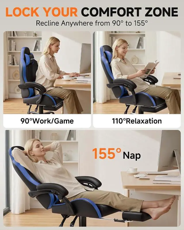 Alt view image 5 of 7 - Gaming Chair with Footrest, Computer Gaming Chair for Adults, Height Adjustable Gamer Chair with 90-155° Recline & Removable Headrest Lumbar Support, Dark Black-Blue