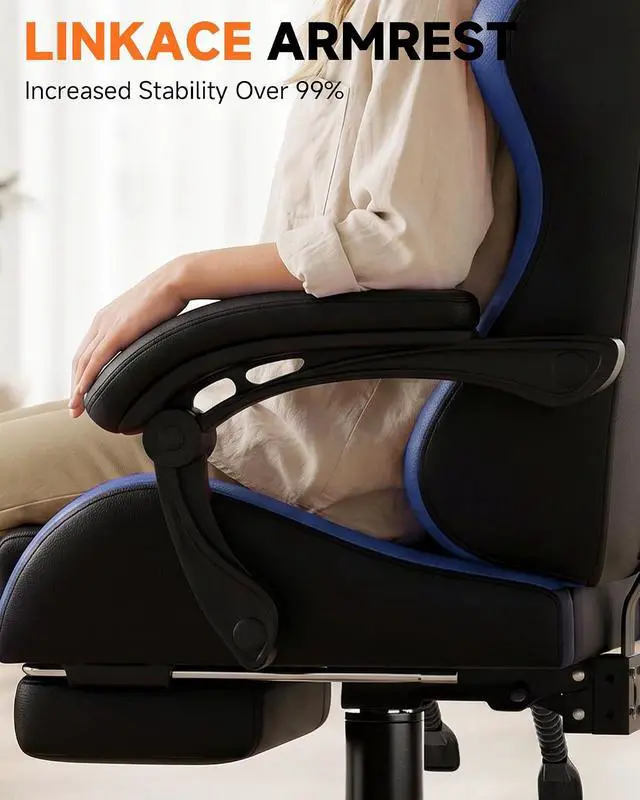 Alt view image 7 of 7 - Gaming Chair with Footrest, Computer Gaming Chair for Adults, Height Adjustable Gamer Chair with 90-155° Recline & Removable Headrest Lumbar Support, Dark Black-Blue