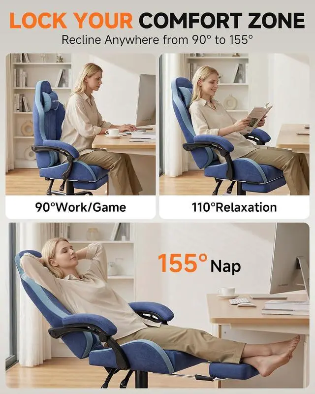 Alt view image 5 of 7 - Gaming Chair with Footrest, Computer Gaming Chair for Adults, Height Adjustable Gamer Chair with 90-155° Recline & Removable Headrest Lumbar Support,Performance Fabric Blue