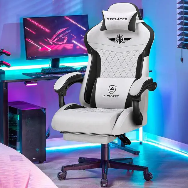 Alt view image 2 of 7 - Gaming Chair, Video Game Chairs with Footrest and Lumbar Support, Computer Chair for Adults with Extended Backrest, Ergonomic Reclining Silla Gamer, Fabric, Grey