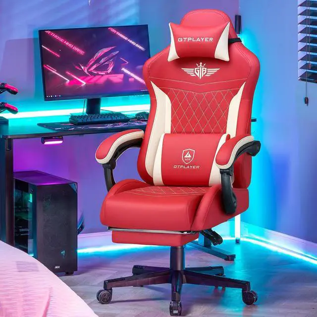 Alt view image 2 of 7 - Gaming Chair, Video Game Chairs with Footrest and Lumbar Support, Computer Chair for Adults with Extended Backrest, Ergonomic Reclining Silla Gamer, PU-Leather, Red