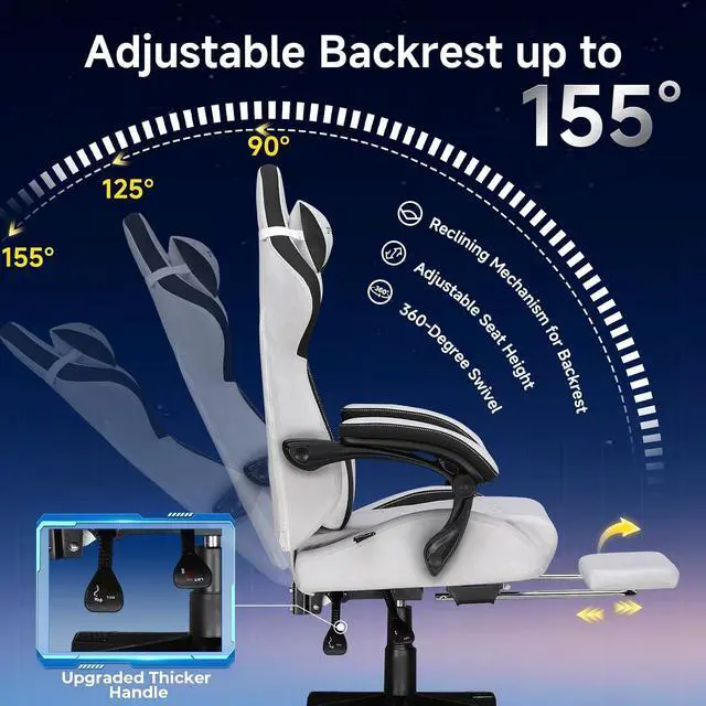 Alt view image 4 of 7 - Gaming Chair, Video Game Chairs with Footrest and Lumbar Support, Computer Chair for Adults with Extended Backrest, Ergonomic Reclining Silla Gamer, Fabric, Grey
