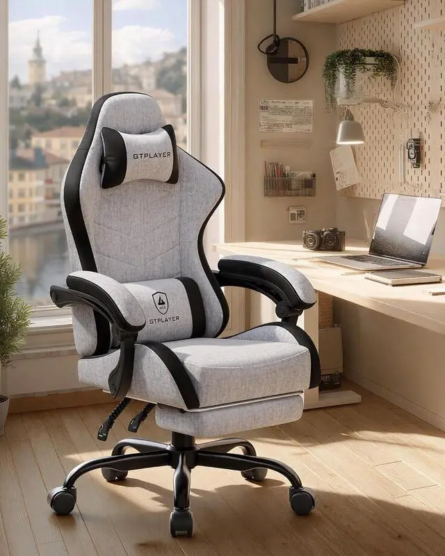 Alt view image 2 of 7 - Gaming Chair with Footrest, Computer Gaming Chair for Adults, Height Adjustable Gamer Chair with 90-155° Recline & Removable Headrest Lumbar Support,Linen Fabric Gray-Black