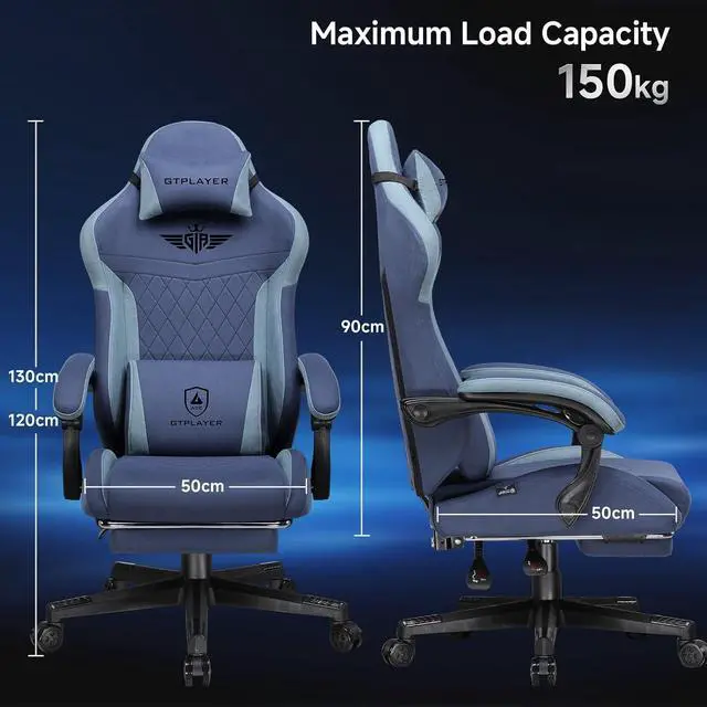 Alt view image 3 of 7 - Gaming Chair, Video Game Chairs with Footrest and Lumbar Support, Computer Chair for Adults with Extended Backrest, Ergonomic Reclining Silla Gamer, Fabric, Dark Blue