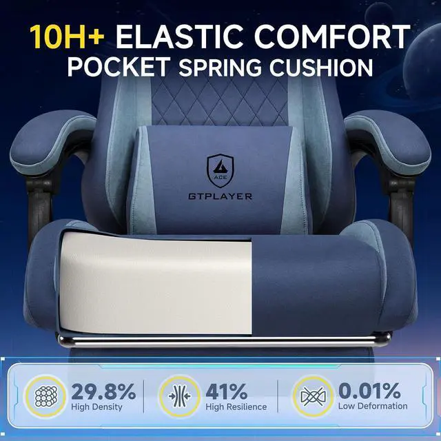 Alt view image 7 of 7 - Gaming Chair, Video Game Chairs with Footrest and Lumbar Support, Computer Chair for Adults with Extended Backrest, Ergonomic Reclining Silla Gamer, Fabric, Dark Blue