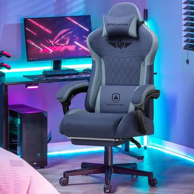 Alt view image 2 of 7 - Gaming Chair, Video Game Chairs with Footrest and Lumbar Support, Computer Chair for Adults with Extended Backrest, Ergonomic Reclining Silla Gamer, Fabric, Dark Blue