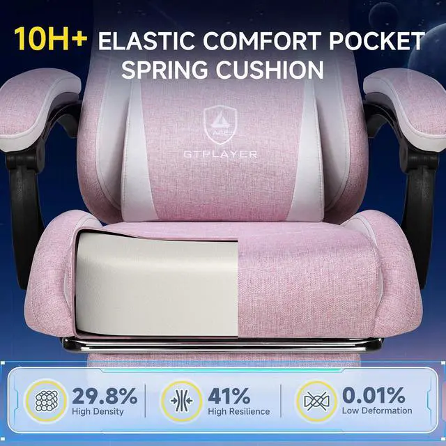 Alt view image 7 of 7 - Gaming Chair, Video Game Chairs with Footrest and Lumbar Support, Computer Chair for Adults with Extended Backrest, Ergonomic Reclining Silla Gamer, Linen Fabric, Pink