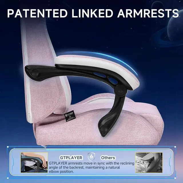 Alt view image 5 of 7 - Gaming Chair, Video Game Chairs with Footrest and Lumbar Support, Computer Chair for Adults with Extended Backrest, Ergonomic Reclining Silla Gamer, Linen Fabric, Pink