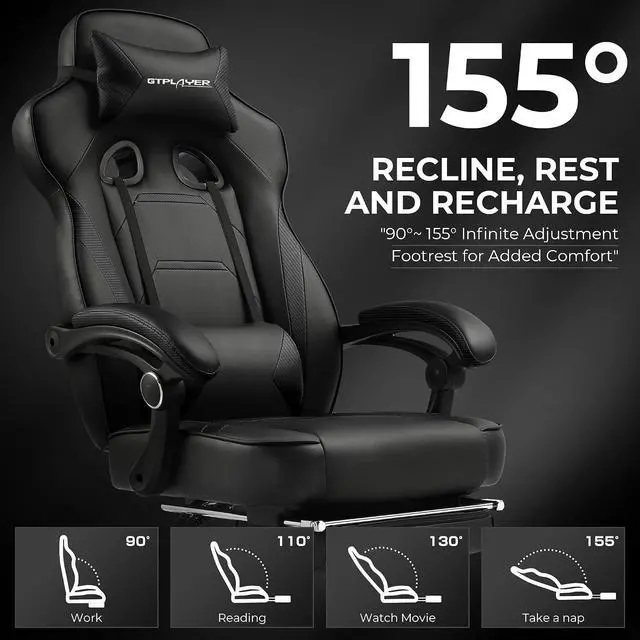 Alt view image 5 of 7 - Gaming Chair with Footrest, Big and Tall Computer Game Chair 350lb Racing Style, Ergonomic High Back Lumbar Support and Recliner, Black
