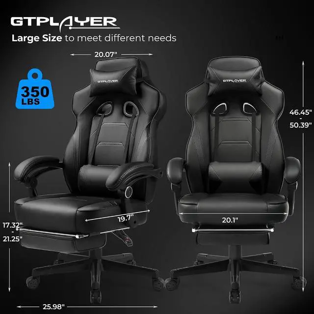 Alt view image 2 of 7 - Gaming Chair with Footrest, Big and Tall Computer Game Chair 350lb Racing Style, Ergonomic High Back Lumbar Support and Recliner, Black