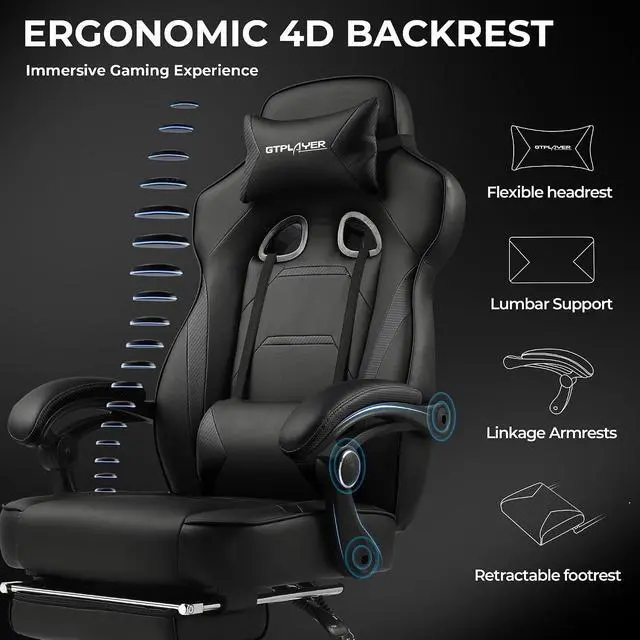 Alt view image 6 of 7 - Gaming Chair with Footrest, Big and Tall Computer Game Chair 350lb Racing Style, Ergonomic High Back Lumbar Support and Recliner, Black